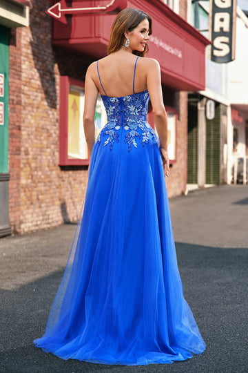 Tulle Bleu Royal A-ligne Spaghetti Bretelles Corset Robe De Soirée Longue avec Fente